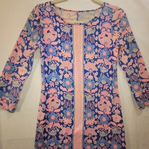 Lilly Pulitzer Womens XS‎ 3/4 Sleeve Cotton Knit Shift Dress Floral Pink Blue